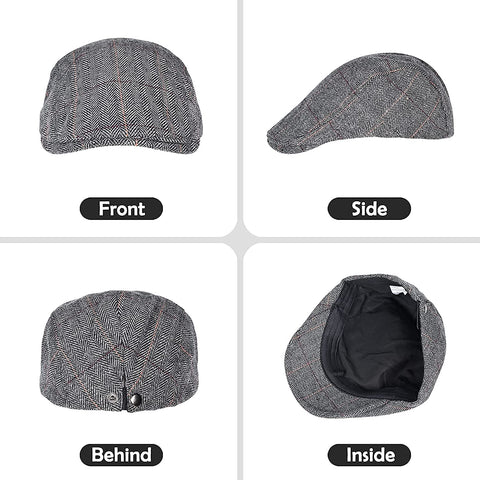 Mens Tweed Flat Cap Driving Hat Newsboy Cap - Adjustable Fashion Newsboy Irish Beret Hat, Autumn Winter, 55-59CM