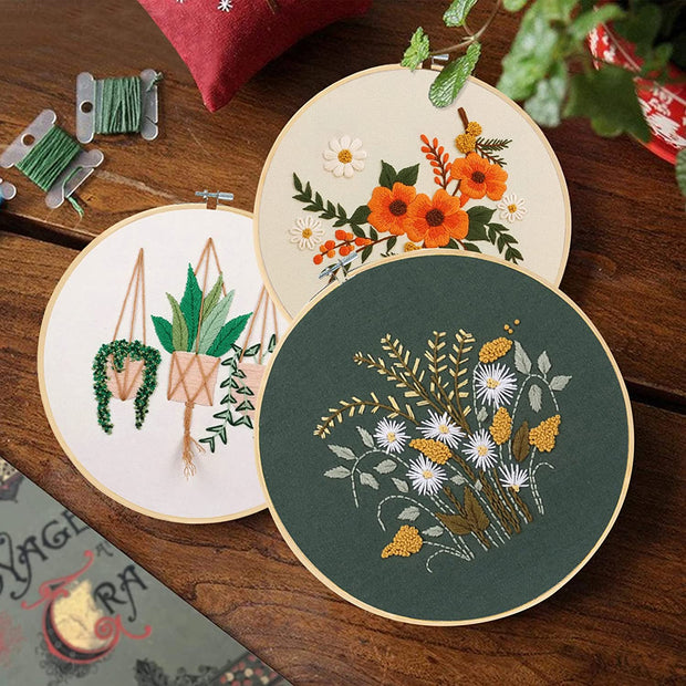 Embroidery Starter Kit, 3 Pack Cross Stitch Kit with Floral or Plant Pattern and Instructions, Full Range of Embroidery Kits, Embroidery Hoops, Color Threads and Tool