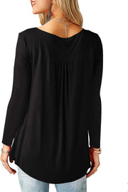 Women Casual V Neck Tops Long Sleeve Pleated Tunic Tops Shirts Blouse