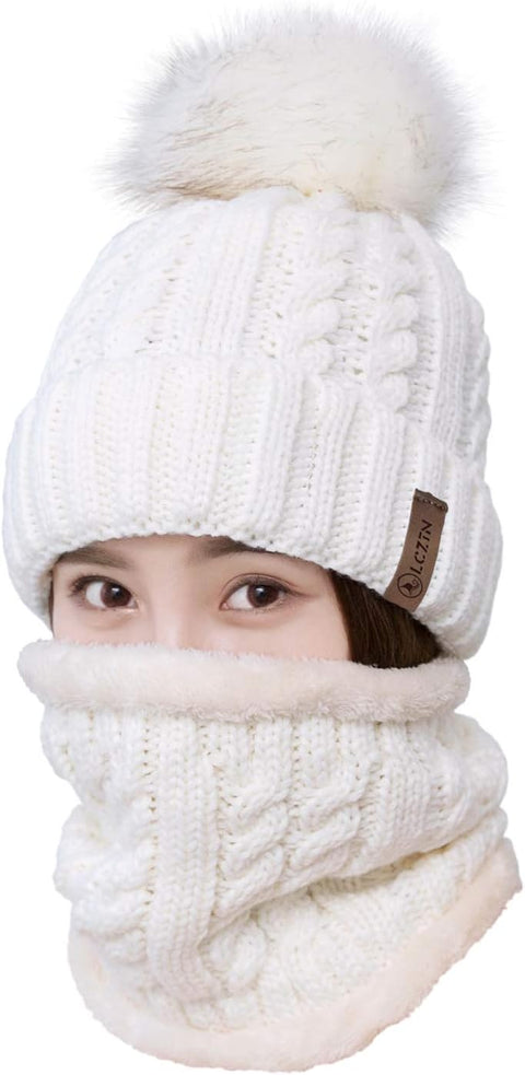 LCZTN Womens Pom Beanie Hat Scarf Set Girls Winter Ski Hat Slouchy Knit Cap with Fleece Lined