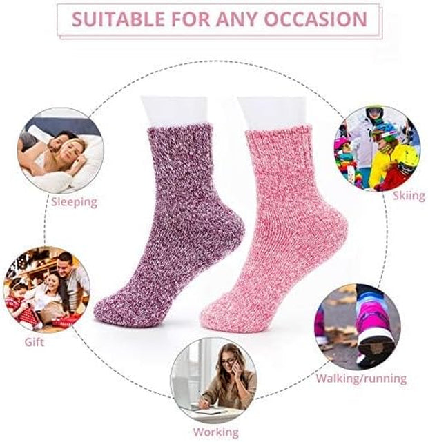 Thermal Winter Women Socks 5 Pairs Wool Warm Knitting Ladies Socks Vintage Style Soft Cotton Thick Woman Bed Sock Multicoloured for Home Office School Hiking, Ideal Christmas Gifts for Women