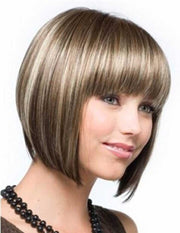 Brown Blonde Mixed Highlights Color Short Bob Wig for Women Yaki Straight Synthetic Full Hair Wig with Bangs(Brown Blonde)