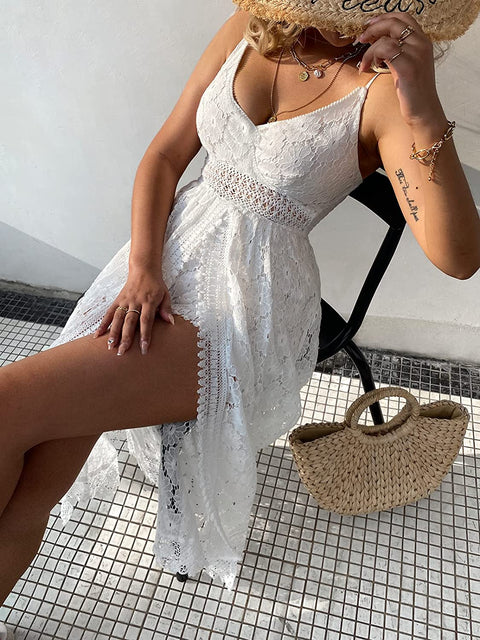 Summer Women Slip Ruching Smocking Jumpsuit Dress V Neck Speghetti Straps Backless Maxi High Low