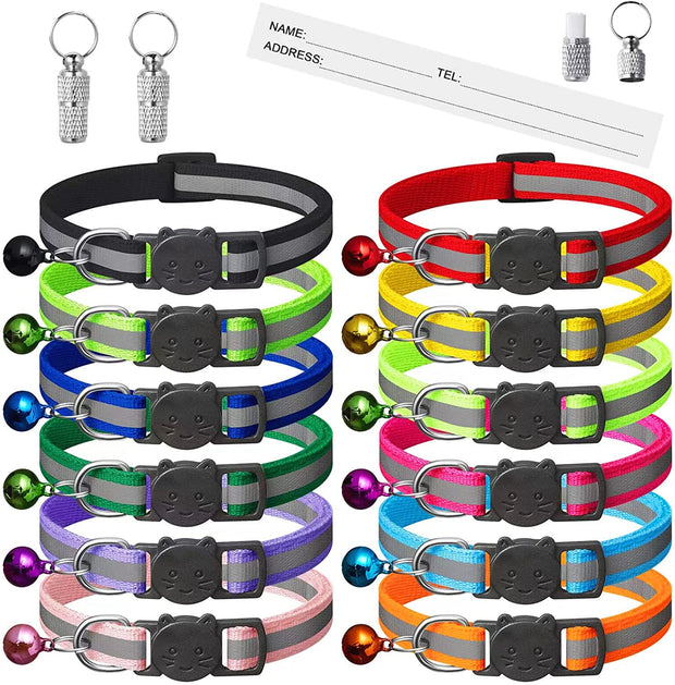 14 Piece Reflective Cat Collar Pack with Bell,Kitten Collar Safety Quick Release Buckle,With Name Tag,Adjustable 7.5''-12.5'',For Girl Male Cats,Pet Supplies,Stuff,Accessories(12 Colors & 2 ID Tags)