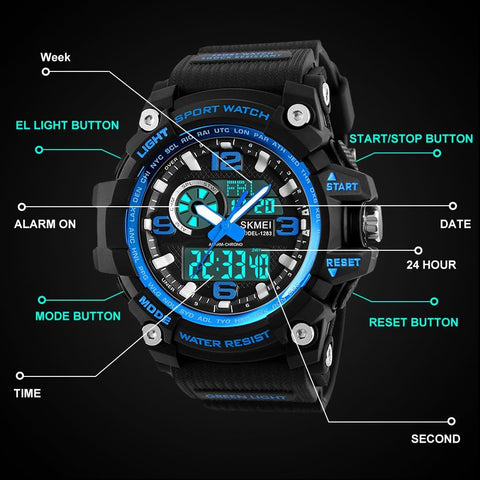 Mens Wrist Watch, 5 ATM Waterproof Digital Military Watches with Countdown/Timer/Alarm for Men, Shock Resistant LED Analogue Running Man Sports Wrist Watch - Blue