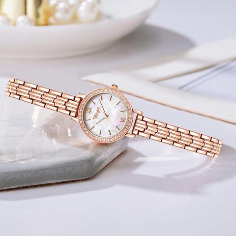 Clastyle Watch and Bracelet Set for Women Rhinestone Slim Ladies Wrist Watch Set Mother of Pearl Ladies Bangle Watches Jewellery and Watches Gift Set