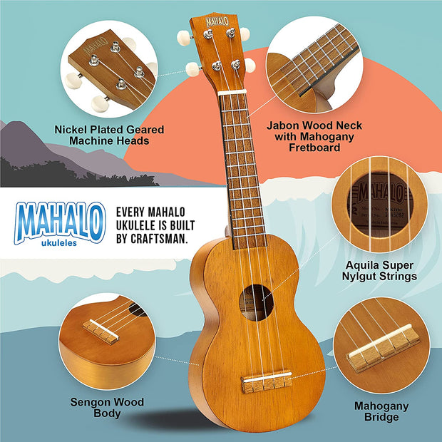 Kahiko Soprano Ukulele for Beginners, Quality Musical String Instrument with Geared Machine Head & Ukulele Case, Small Guitar Ukulele for Kids & Adults, E-Book Guide, Transparent Brown