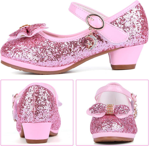 Girl Sandals Glitter Princess Shoes Sequin Party Shoes Bling Bowknot High Heels Wedding Birthday Dress Shoes Comfort Bright Diamond Cosplay Dance Shoes for Little Girls Pink Silver Blue Purple White