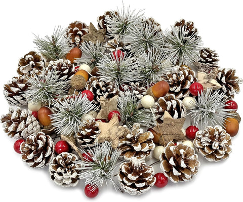 108Pcs Artificial Pine Cone Berry Set, Christmas Wreath Making Supplies, Snowy Pinecones White Berries Wreath Making Kit for Wreath, Garland, Craft, Winter DIY Christmas Decorations