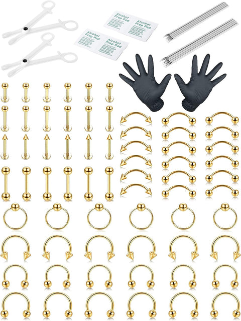 84PCS Professional Piercing Kit Stainless Steel 14G 16G Belly Button Rings Cartilage Piercing Helix Daith Septum Hoop Piercing Kit Tongue Tragus Nipple Lip Piercing Body Jewerly