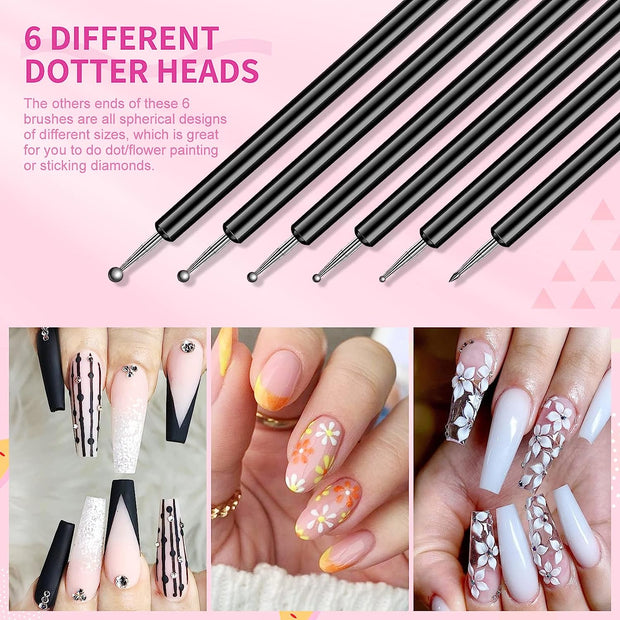 Nail Art Brushes Set - 6Pcs Double-End Nail Brushes Kit Professional Nail Art Tools Kit with Painting Dotting Line Pen for Gel Polish Nail Designs Nail Carving French Nails