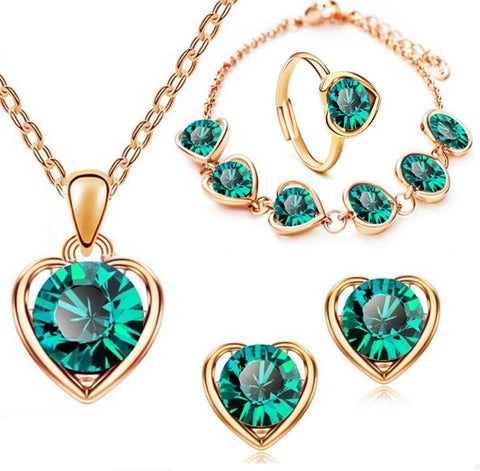 Love Heart Jewellery Set 4 PCS Fashion Heart Necklace Earrings Ring Bracelet Set Bridal Wedding Jewellery Set Rhinestone Set Sparkly Crystal Dangle Drop Set for Women and Girls