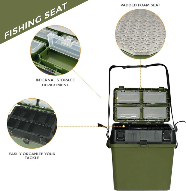 Fishing Tackle Box with Padded Seat & Straps, Fishing Lure Tackle Box, Fishing Bucket Tackle Storage Trays, Organizer Case Boxes Containers, for Vest Casting Fly Fishing - Green/Black