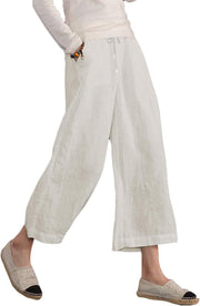 Women'S Summer Comfy Cotton Linen Cropped Trousers Wide Leg Lounge Pants with Pockets