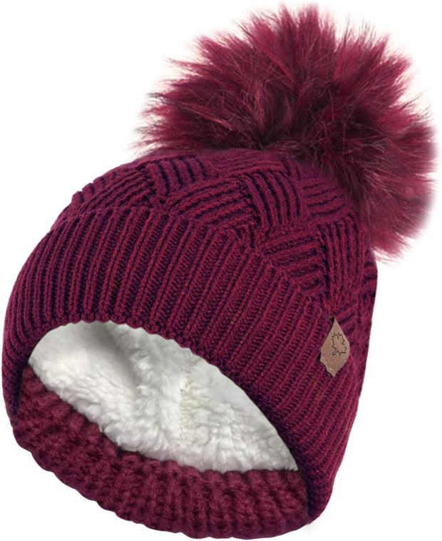 Ladies Warm Chunky Diamond Cable Knit Hat with Thermal Teddy Fleece Lining and Detachable Faux Fur Pompom