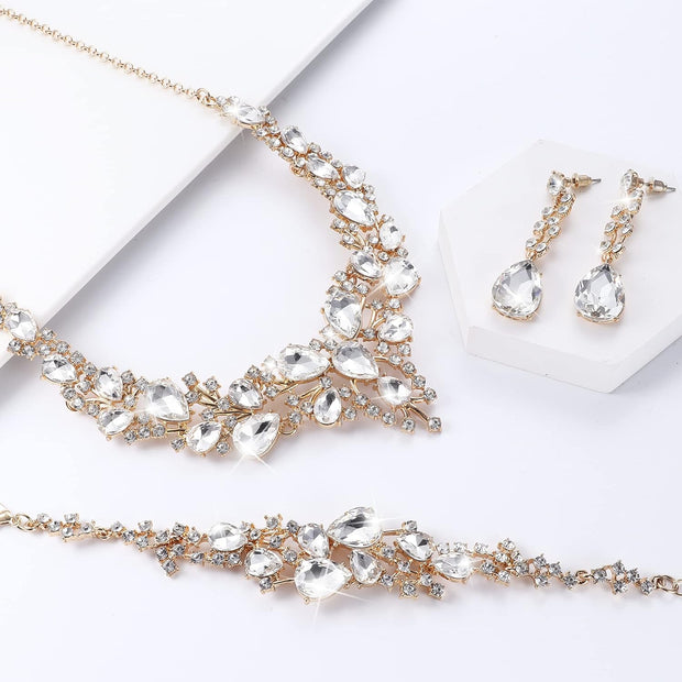 Bridal Wedding Jewellery Set for Women Crystal Teardrop Cluster Statement Necklace Earrings and Bracelet Set Gifts Wedding Engagement Bridesmaid Costume Dress Prom Jewellery Sets