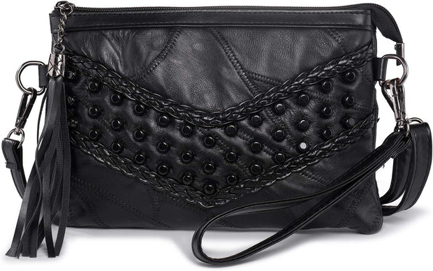 Soft Leather Small Cross Body Bag Shoulder Bag for Women Tassel Rivets Ladies Handbags with Shoulder & Wrist Strap Wristlet Bag Clutch Travel Evening Party Wedding (Black)