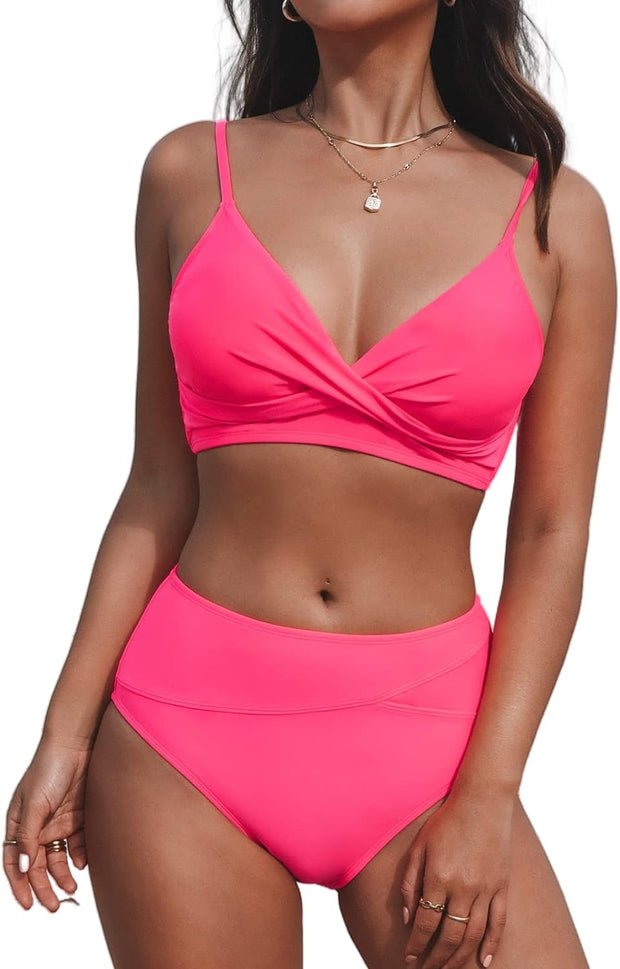 Women'S Twist Front High Waisted Bikini Set V Neck Padded Two Pieces Bathing Suits Swimsuits