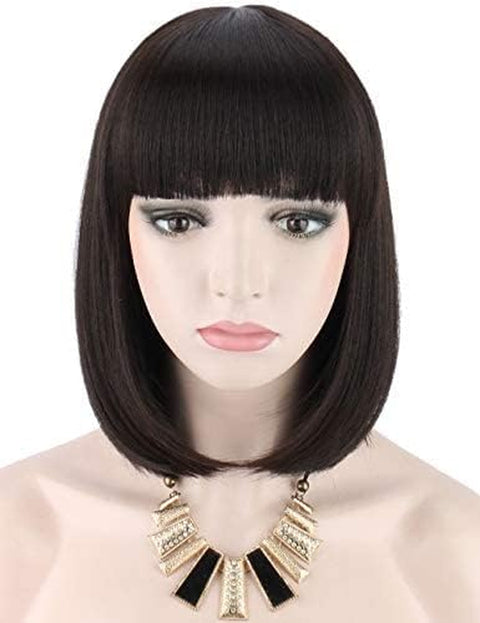 Brown Blonde Mixed Highlights Color Short Bob Wig for Women Yaki Straight Synthetic Full Hair Wig with Bangs(Brown Blonde)