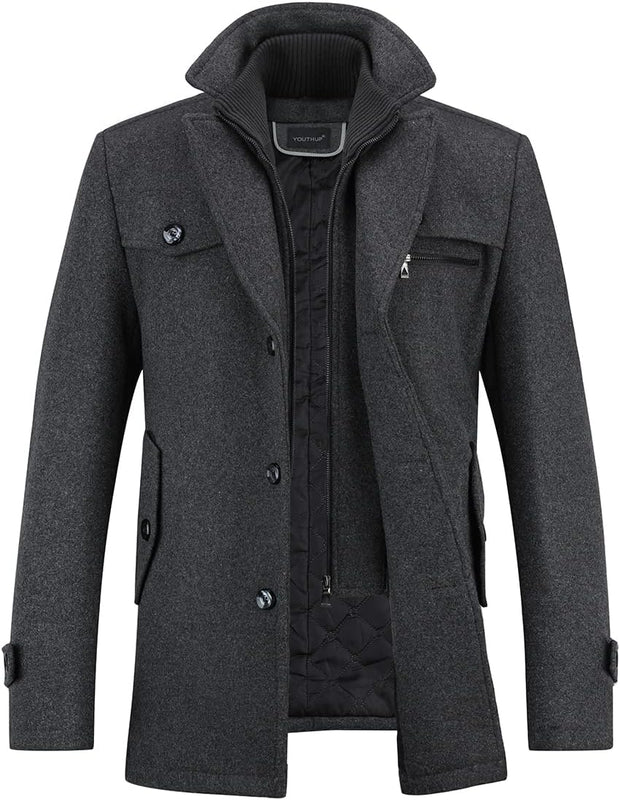 Mens Winter Coat Mid Length Thick Wool Trench Coats Regular Fit Padded Military Peacoat