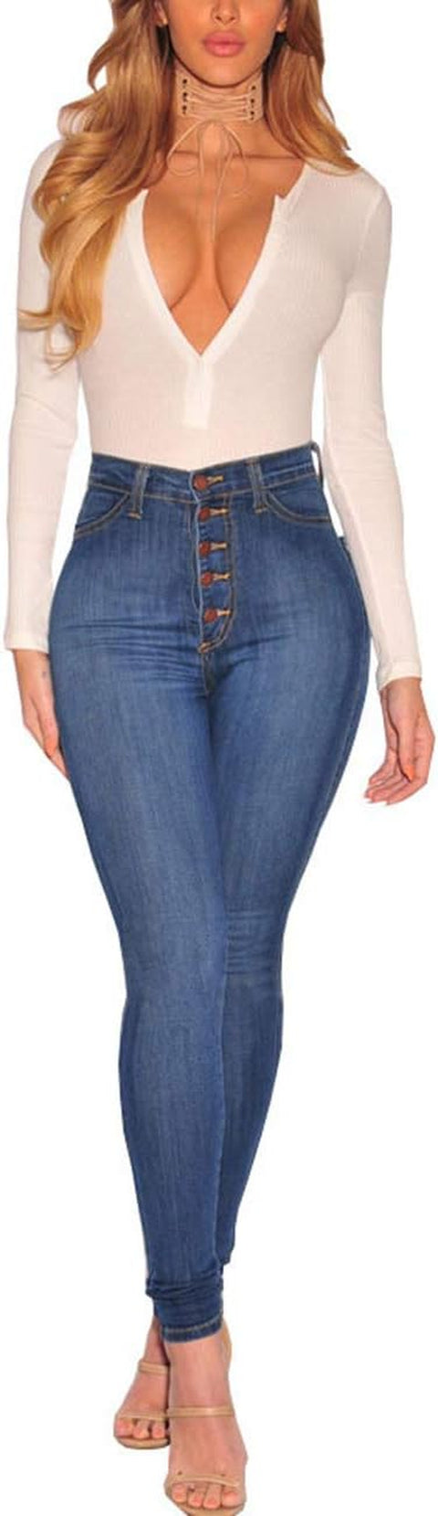 Womens Jeans High Waist Skinny Fit Stretch Jeans Denim Trousers with Pockets