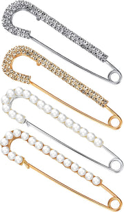 Women Brooch Pins Sweater Shawl Clips Faux Crystal and Pearl Brooches, Safety Pins Dress Shirt Clips for Women, 2 Styles, Gold, Silver