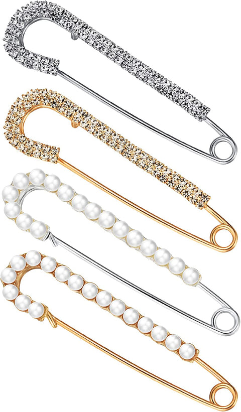 Women Brooch Pins Sweater Shawl Clips Faux Crystal and Pearl Brooches, Safety Pins Dress Shirt Clips for Women, 2 Styles, Gold, Silver