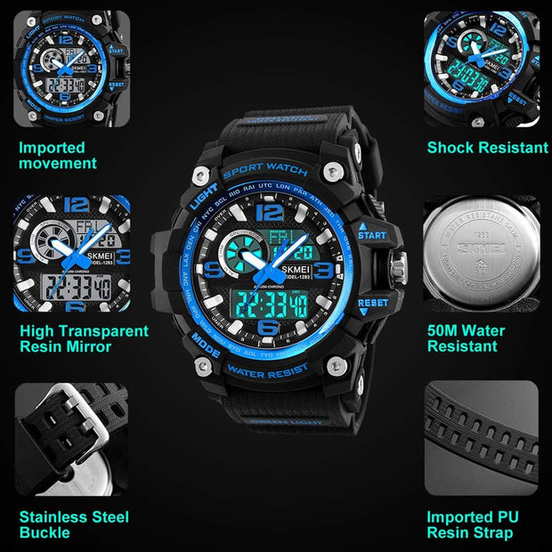 Mens Wrist Watch, 5 ATM Waterproof Digital Military Watches with Countdown/Timer/Alarm for Men, Shock Resistant LED Analogue Running Man Sports Wrist Watch - Blue