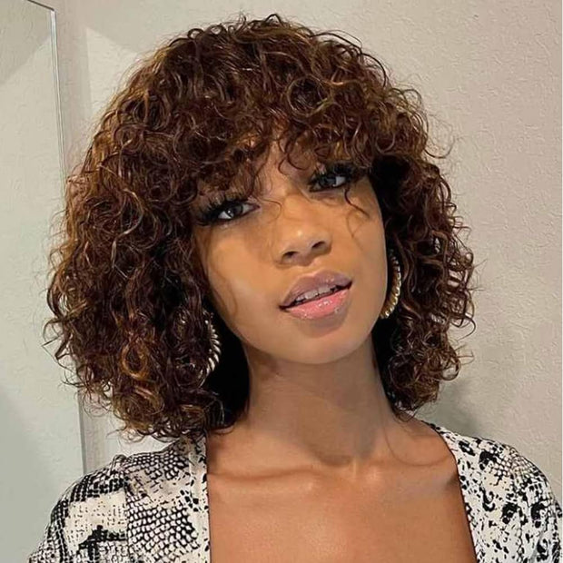 Short Curly Bob Wig with Bangs Human Hair for Black Women Ombre Brown 10 Inch Water Wave Bob Wig 150% Density Glueless Wig (Color: TT1B/30)