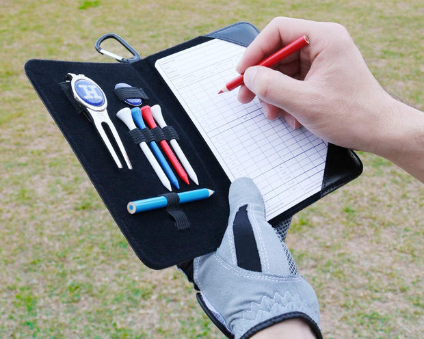 Golf Scorecard Holder N Yardage Book Cover - Divot Repair Tool, Ball Marker, Golf Tees, Scorer, Pencil N Scorecards Included - Gift for Golfers