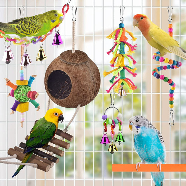 Bird Parrot Toys 8 PACK, Hanging Natural Wooden Coconut Perch Lovebrid Birds House with Ladder, Stand Chewing Bell Pet Birds Cage Toy Accessories Suitable for Parakeet, Conure, Cockatiel, Mynah