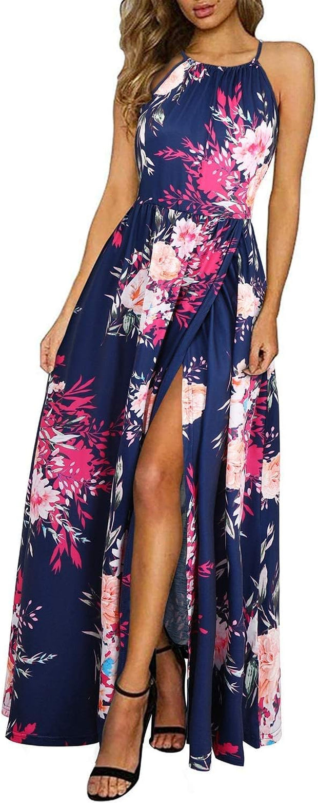 Maxi Dresses for Women UK Summer Dress Halter Neck Wedding Guest Elegant Long Dress Floral Beach Sundress