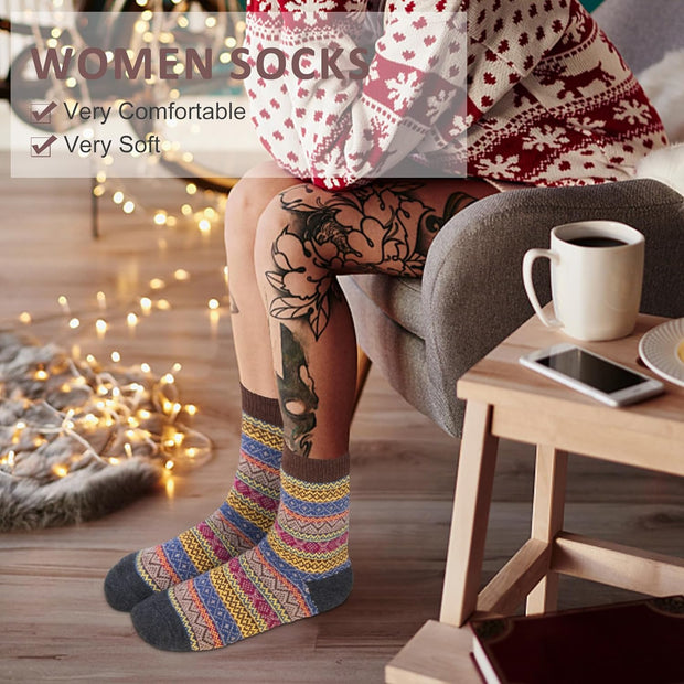 Women Winter Socks, 5 Pairs Thermal Wool Warm Knitting Ladies Socks Vintage Style Cotton Thick Bed Sock Multicoloured for Home Office School Hiking, Ideal Christmas Gifts 4/8 UK