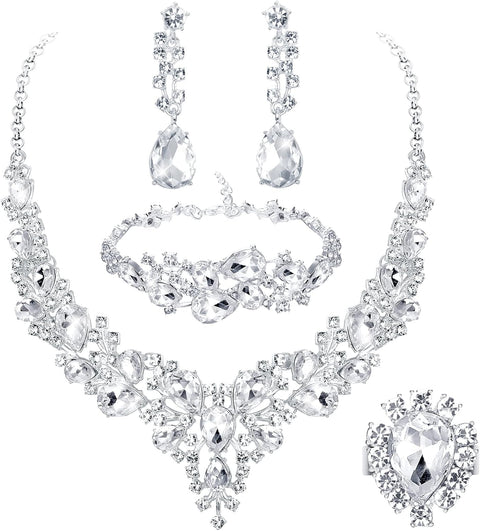 5PCS Bridal Wedding Jewellery Set for Women Crystal Teardrop Cluster Necklace Dangle Earrings and Zircon Bracelet Ring Set Wedding Engagement Bridesmaid Costume Dress Prom Jewellery