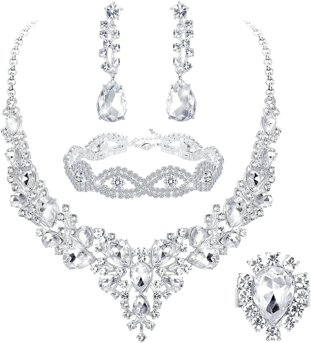 5PCS Bridal Wedding Jewellery Set for Women Crystal Teardrop Cluster Necklace Dangle Earrings and Zircon Bracelet Ring Set Wedding Engagement Bridesmaid Costume Dress Prom Jewellery