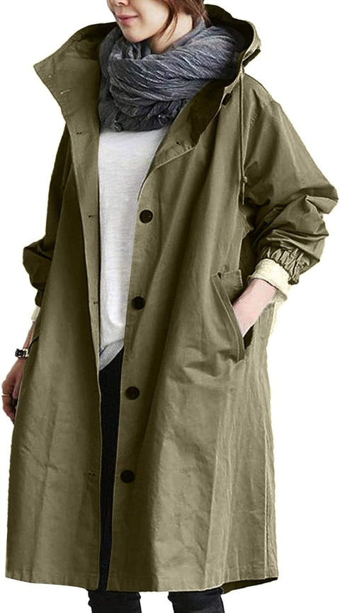 Jackets for Women UK Casual Long Trench Windproof Coat with Pocket plus Size Hooded Lapel Collar Windbreaker Jacket Casual Loose Fit Spring Autumn Coat Outwear