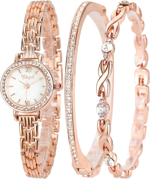 Clastyle Watch and Bracelet Set for Women Rhinestone Slim Ladies Wrist Watch Set Mother of Pearl Ladies Bangle Watches Jewellery and Watches Gift Set