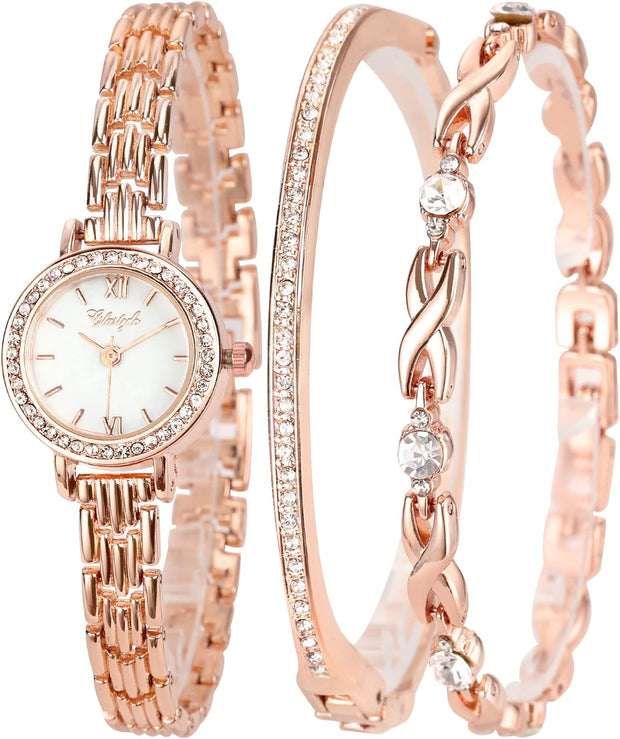 Clastyle Watch and Bracelet Set for Women Rhinestone Slim Ladies Wrist Watch Set Mother of Pearl Ladies Bangle Watches Jewellery and Watches Gift Set