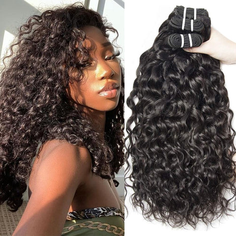 Water Wave Human Hair Bundles with Closure Brazilian Hair Bundles with Closure 3 Bundles Human Hair Weaving Double Weft Wet and Wavy Remy Human Hair Bundles with Closure Natural Black 14 16 18+14 Inch