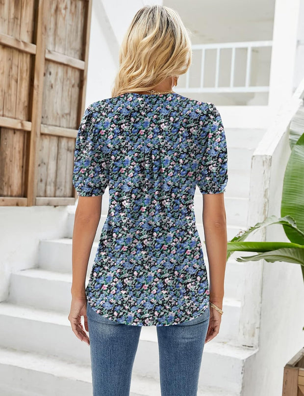 Womens V Neck Tops Puff Short Sleeve T-Shirt Pleated Floral Printed Tunic Blouse Shirts