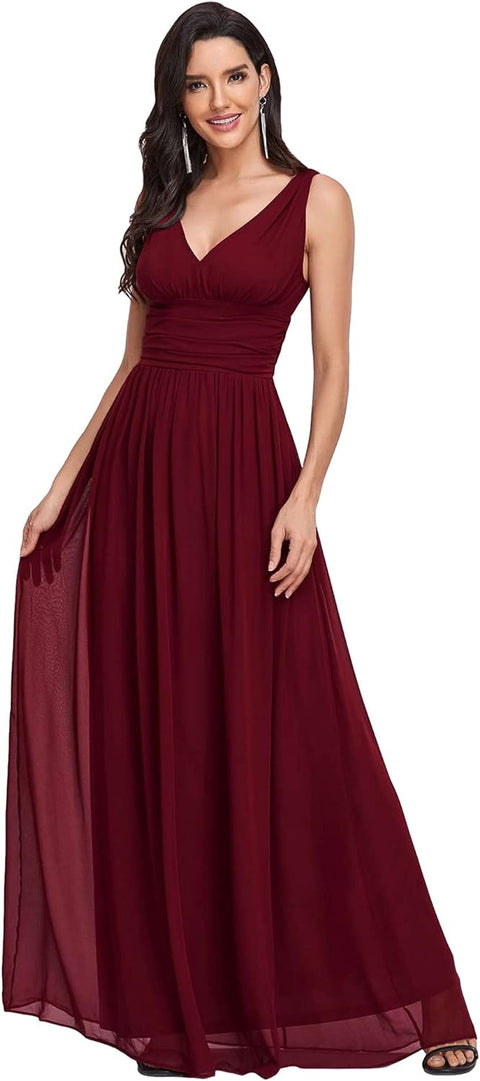 Women'S V Neck Empire Waist A-Line Chiffon Long Evening Dress 09016