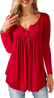 Women Casual V Neck Tops Long Sleeve Pleated Tunic Tops Shirts Blouse