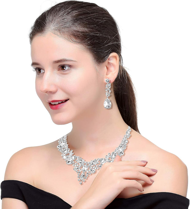 Crystal Bridal Jewelry Set for Women Rhinestone Necklace Earrings Bracelet Wedding Bridesmaid Gifts Fit with Wedding Dress