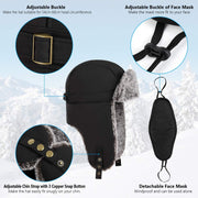 Winter Bomber Hats, Faux Fur Warme Hats Windproof Trooper Trapper Hat Aviator Caps with Ear Flap and Windproof Mask for Skating, Skiing, Hunting or Daily Use Black