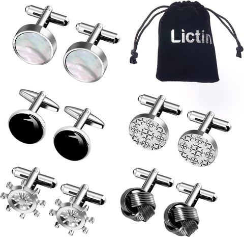 Men'S Cufflinks Cuff Links for Men, 5 Pairs Stainless Steel Classic Tone Cufflinks Black Striped Cuff Links Shirt Suit Cufflinks