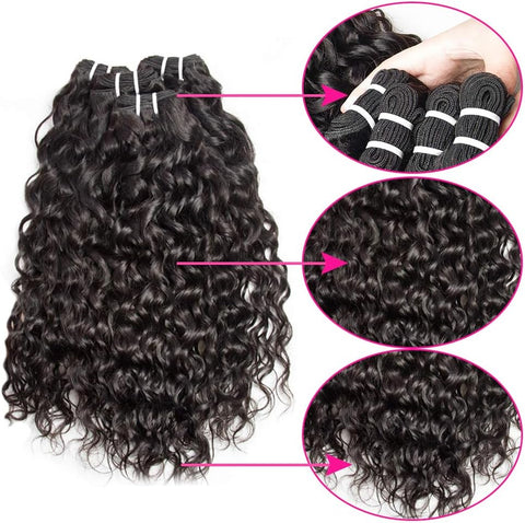 Water Wave Human Hair Bundles with Closure Brazilian Hair Bundles with Closure 3 Bundles Human Hair Weaving Double Weft Wet and Wavy Remy Human Hair Bundles with Closure Natural Black 14 16 18+14 Inch