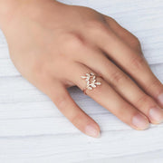 Rose Gold Plated Adjustable Leaf Ring Created with Zircondia® Crystals