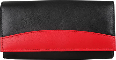 Ladies Purse, RFID Protected Women'S Wallet, Genuine Soft Real Leather Card Holder, Id Pocket Long Flap over Purse, Antitheft Security Wallet 370 Black Red