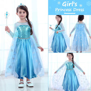 URAQT Elsa Dress, Elsa Princess Costume with Fairy Wand and Crown Tiara, Elsa Anna Dress up for Girls, Deluxe Girls Fancy Dress for Party Cosplay Bridesmaid Pageant