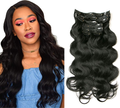 Clip in Human Hair Extensions Full Head 16 Clips 100% Real Remy Human Hair Body Wave Wigs 8A 7 Pcs Wavy Pieces 18 Inch #1B Natural Black 70G